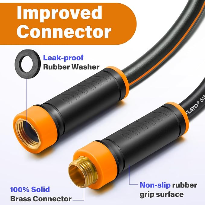 FLATO Garden Hose 5/8" x 100FT, Light Weight and Flexible, All Weather Use, Hybrid Polymer Water Hose with Brass Fittings, for Yard, Outdoor, Lawn (Black, Orange stripes)