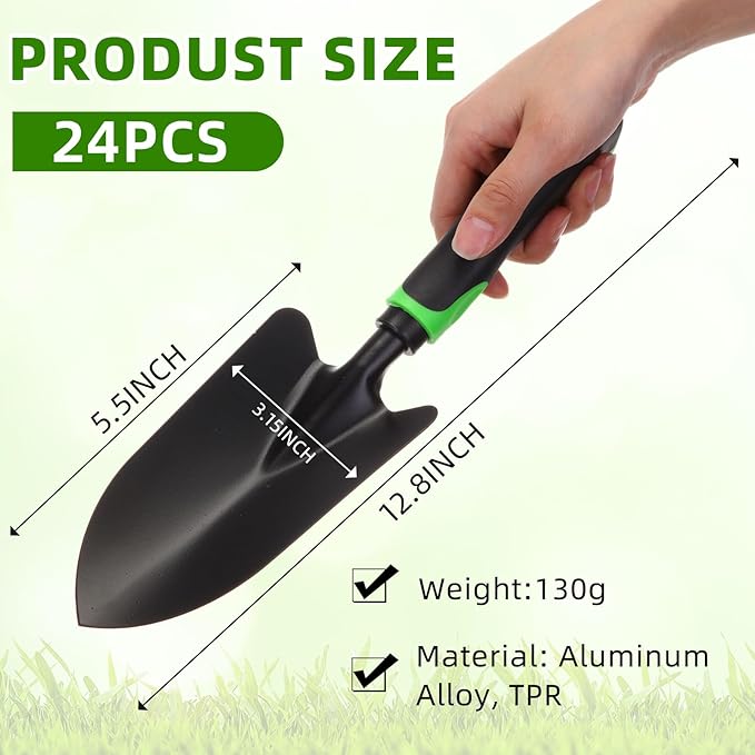 24 Pcs Garden Shovel Aluminum Alloy Heavy Duty Trowel Garden Tool Small Shovels for Digging Metal Hand Trowel Spade with Soft TPR Handle for Lawn Yard Farm Home Shop Planting (Green Black)