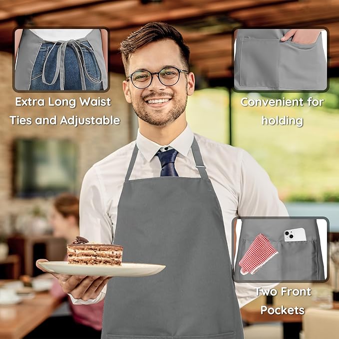 4 Packs Chef Apron, Waterproof Apron, Adjustable Aprons with 2 Pockets for Men Women, Professional Aprons for Kitchen Cooking Gardening Painting Baking Restaurant (Gray)