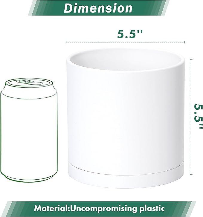 D'vine Dev 2 Pack 5.5 Inch Modern Plastic Plant Pots, Small Garden Planters for Plant with Drainage Holes and Saucers, White Color, 74-Z-H-1