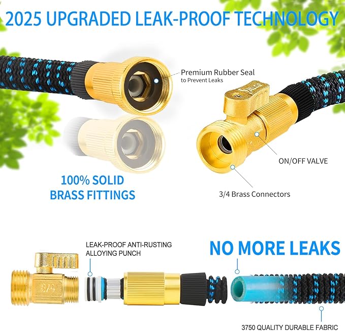Expandable Garden Hose 200 ft - 2025 New Kink Free Flexible Water Hose 200ft with 10 Pattern Spray Nozzle, 3/4 Solid Brass Connectors, Retractable Latex Core - Lightweight Expanding Hose