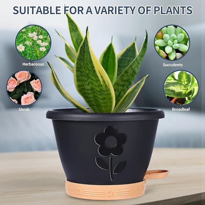 Plant Pots 10 Inch Set of 4, Self Watering Pots with Drainage Holes, Saucer & Reservoir, Flower Pots for Indoor/Outdoor Plants, Decorative Nursery Planting Pots (Black)