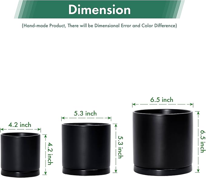 D'vine Dev Black Terracotta Pots for Plants, 4.2 Inch 5.3 Inch 6.5 Inch, Succulent Planter Pot with Drainage and Saucer, 40-T-A-2