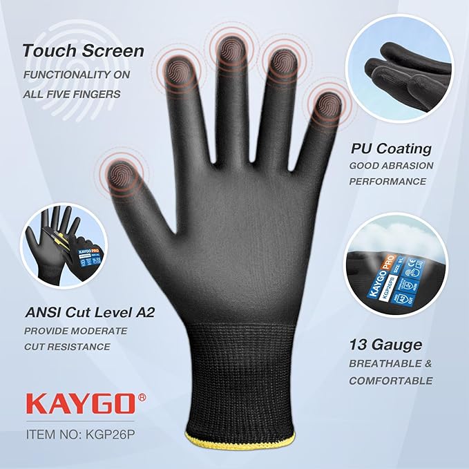 KAYGO Cut Resistant Gloves PU Coated, 12 Pairs Safety Work Gloves with full fingers Touchscreen for Men and Women, ANSI Cut Level A2, Ideal for General Duty Work KG11P, Black,L