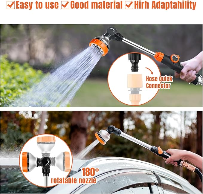 Metal Garden Hose Wand,15 Inch Adjustable Watering Wand with 8 Spray Patterns,180° Rotating Long Garden Hose Nozzle Sprayer with Thumb Flow Control for Plants, Lawn, Car Washing and Irrigation