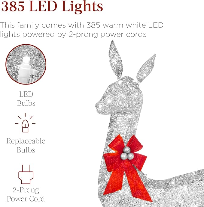 Best Choice Products 6.5ft 3-Piece Large Lighted Christmas Deer Family Set, Outdoor Yard Decoration with 385 LED Lights, Stakes, Zip Ties - Silver