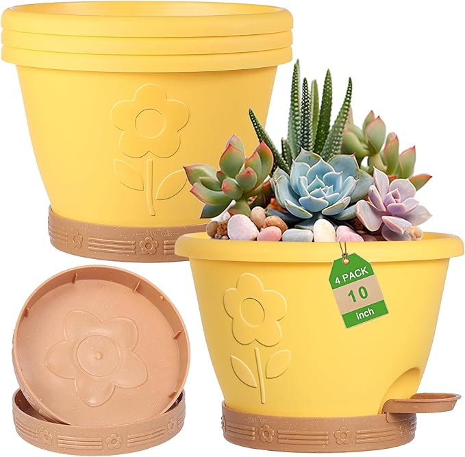 Plastic Plant Pots 10 Inch Set of 4, Self Watering Pots with Drainage Holes, Saucer & Reservoir, Flower Pots for Indoor/Outdoor Plants, Decorative Nursery Planting Pots (Yellow)