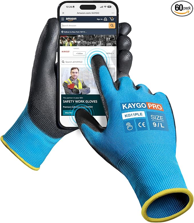 KAYGO Safety Work Gloves PU Coated for Men and Women- KG11P,60 Pairs,Seamless Knit Glove with Two Fingers Touchscreen,Ideal for General Duty Work (Blue,L)