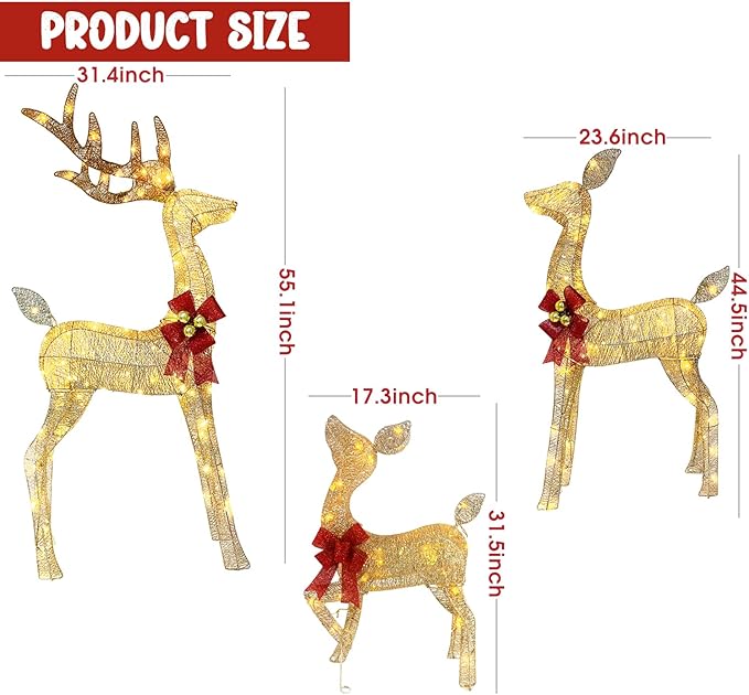 4ft Outdoor Lighted Reindeer Christmas Decorations, 3-Piece Reindeer Family Set with 240 LEDs, Bells, Red Bows, Durable Weatherproof Metal Frame for Yard, Garden, Indoor Holiday Decor, Gold