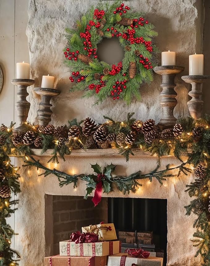 20 inch Christmas Wreath, Christmas Wreath for Front Door Christmas Door Wreaths with Red Berries Pine Cones Cedar Leaves Aritificial Wreath for Christmas Indoor Outdoor Decorations