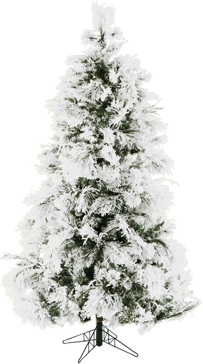 Fraser Hill Farm 7.5-ft. Snowy Pine Flocked Christmas Tree, Fake Snowy Artificial Tree, Festive Indoor Holiday Decoration