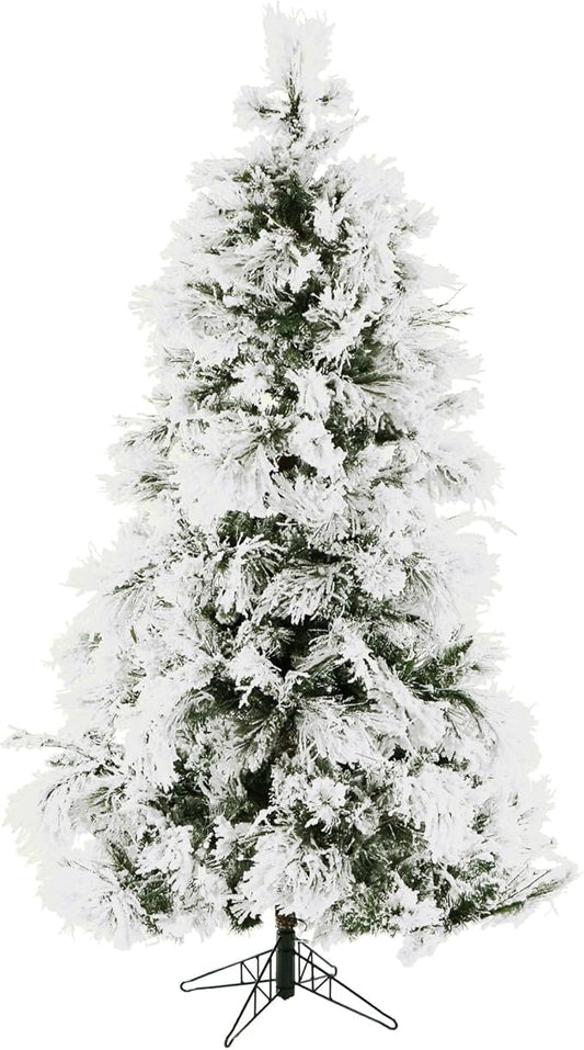 Fraser Hill Farm 7.5-ft. Snowy Pine Flocked Christmas Tree, Fake Snowy Artificial Tree, Festive Indoor Holiday Decoration