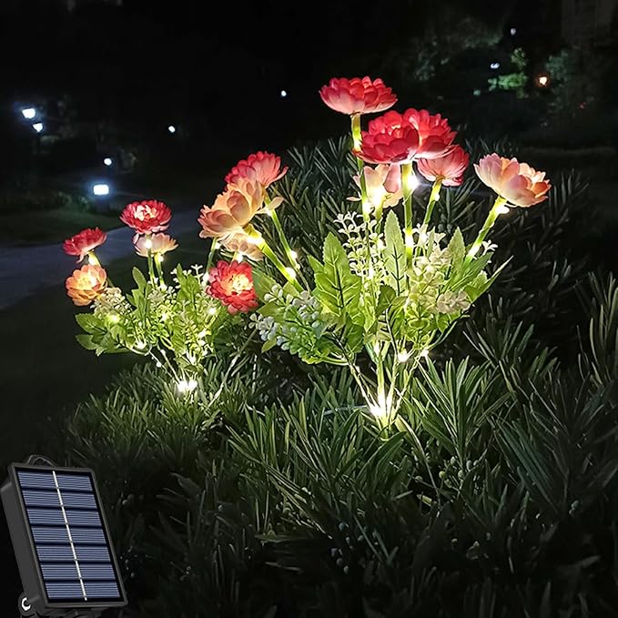 Garden Solar Lights Flowers, Automatic Lighting at Night, Waterproof Garden Decor for Yard Patio Pathway Lawn, Gardening Gifts for Women, Christmas Decoration, 7 Flowers (Snow Lotus - Red, 1)