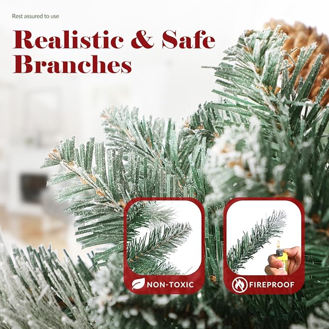 7FT Snowy Aspen Spruce Christmas Tree, Artificial Pre-lit Christmas Tree with Warm White Lights, Snow Flocked Tree with Pine Cone for Home, Office, Party Decor