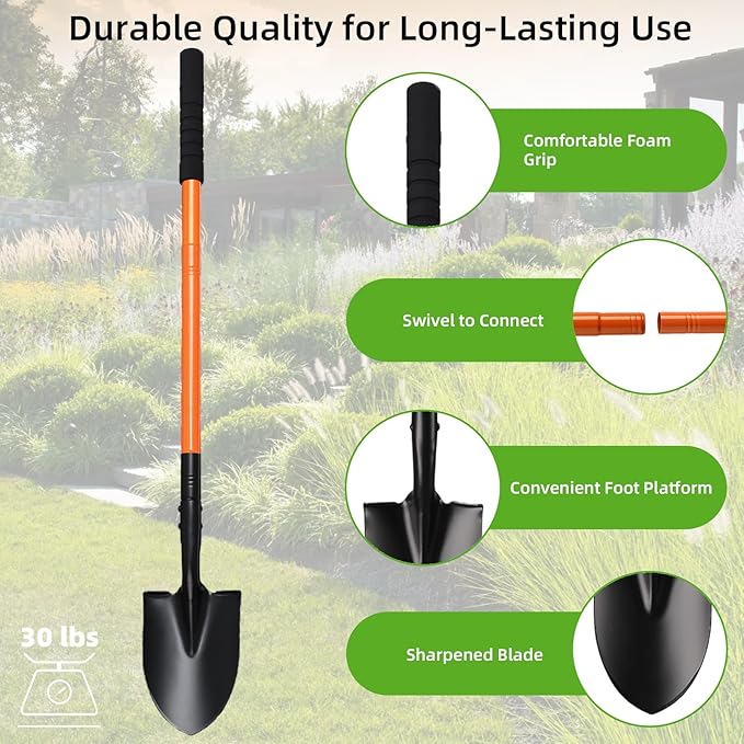 43.7Inches Small Spade Shovel Small Trench Shovel with Heavy Duty Steel Handle Garden Tools, Small Shovel for Digging Gardening Camping Yardwork Car Shovel, Orange