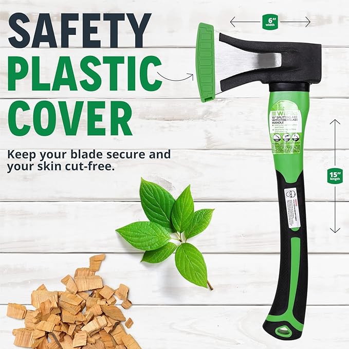 WilFiks Splitting Axe, 15” Camping Hatchet for Chopping and Kindling Wood and Branches, Forged Carbon Steel Hand Maul Tool for Gardening, Fiberglass Shock Reduction Handle with Anti-Slip Grip