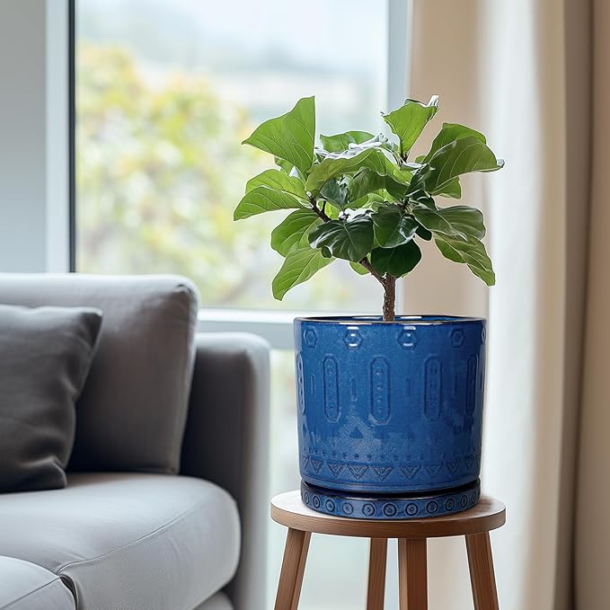 Plant Water Catcher Tray - Ceramic Plant Saucer for Outdoors 7.5 Inch Plant Pot Saucer Plant Drip Tray for Potted Plants Drainage Decorative Round Flower Pot Saucer Blue