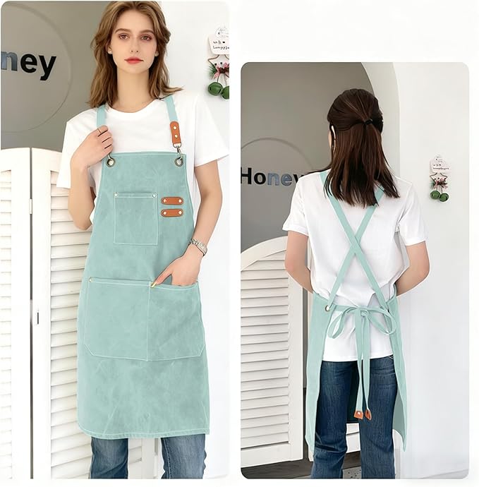 Apron for Men Women with Pockets Cotton Canvas Cross Back Heavy Duty Adjustable Work Apron