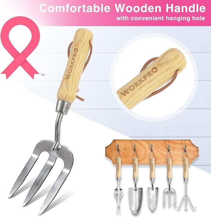 WORKPRO 8-Piece Pink Garden Tool Set, Stainless Steel Gardening Tools with Wood Handle, Including Garden Tote, Gloves, Trowel, Hand Weeder, Cultivator and More, Gardening Gifts For Women - Pink Ribbon