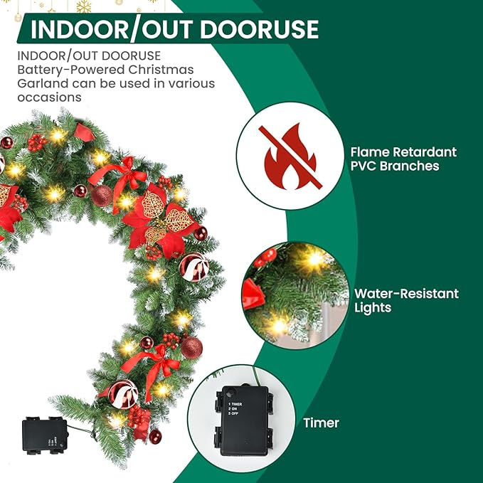 Christmas Garland with Lights, 9FT 30 LED Prelit Christmas Garland for Mantle,Outdoor Indoor Christmas Decorations Garland Battery Operated with Timer, Bows,Flowers,for Stairs,Railing,Fireplace,Door