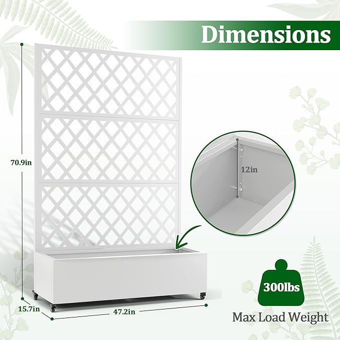 Metal Raised Garden Bed with Trellis and Wheels, 2 in 1 Trellis with Planter Box & Privacy Screen for Climbing Plants, Outdoor Standing Flower Beds with Drainage Holes, 47.2''L×15.7''W×70.9''H, White