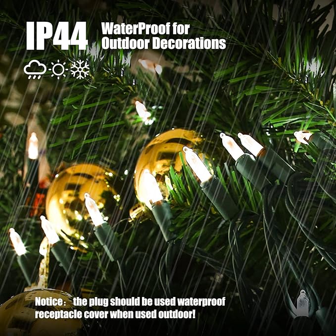 Christmas Lights Clear White 2 Pack Total 200 Count Incandescent Lights UL Certified Connectable Christmas Tree Lights with Green Wires for Indoor Outdoor Xmas, Wedding, Holiday, Home Decorations