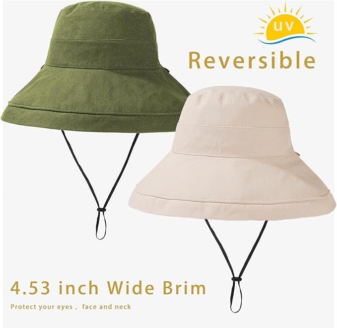 vidsel Womens Sun Hats Wide Brim Reversible Bucket Cotton Hat Packable Summer Travel Cap with Hat Clip,UV Protection