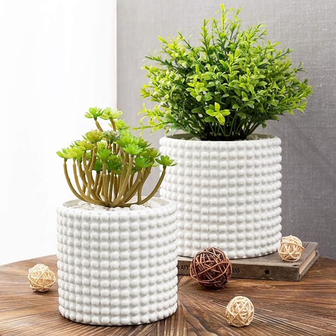 MyGift 6 Inch Ceramic Round Planter Pot, Set of 2 Vintage-Style White Ceramic Flower Pots, Indoor Hobnail Textured Cylindrical Succulent Plant Containers