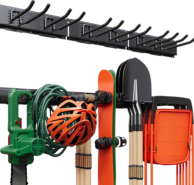 Garage Tool Organizer Wall Mount 48", Garage Wall Organizer 400 lbs, Heavy Duty Garages Organizers and Storage with Adjustable Hooks, Garden Tool Storage Rack for Shovels, Hoses, Ladders