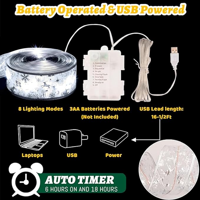 Christmas Decorations - 2.5Inch x 66Ft 200 Led Christmas Tree Ribbon Lights with 8 Lighting Modes, Battery Operated & USB Powered Fairy String Lights with Timer for Xmas Tree Decor