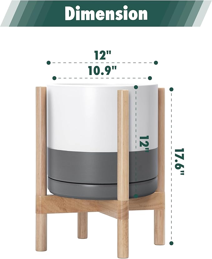 D'vine Dev Ceramic Planter with Natural Stand - 12 Inch Modern Round Flower Pot with Wood Planter Holder, White/Grey, 55-B-J-6