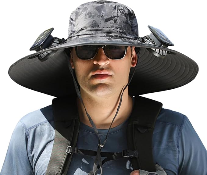 Men's Solar & USB Charging Wide Brim UPF50+ Sun Hat with Dual Fans for Outdoor Activities (Black, Medium)