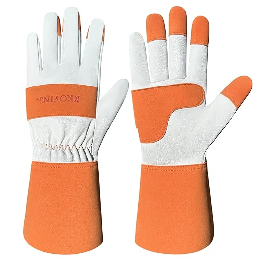 Gardening Gloves, Long Thorn Proof Garden Gloves for Women and Men, Goatskin Breathable Leather Work Gloves for Gardening, Pruning, Yard Work, Brown, XS