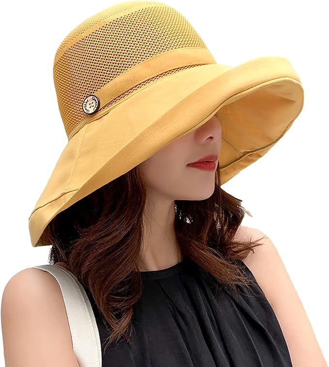 Women Wide Brim Sun Hats Metal Wired Edge Summer UV Protection Beach Fishing Hat for Hiking Garden Travel Chin Strap