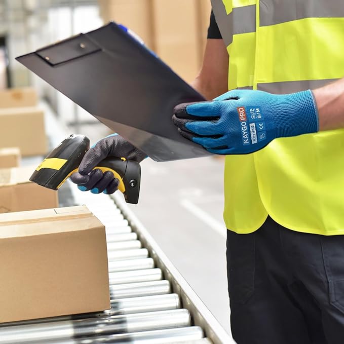 KAYGO Safety Work Gloves PU Coated for Men and Women- KG11P,60 Pairs,Seamless Knit Glove with Two Fingers Touchscreen,Ideal for General Duty Work (Blue,L)