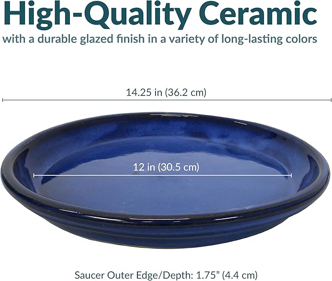Sunnydaze 12-Inch Ceramic Plant Saucers - Plant Drip Trays for Outdoor Planter Flower Pot Drainage - Set of 2 - Imperial Blue