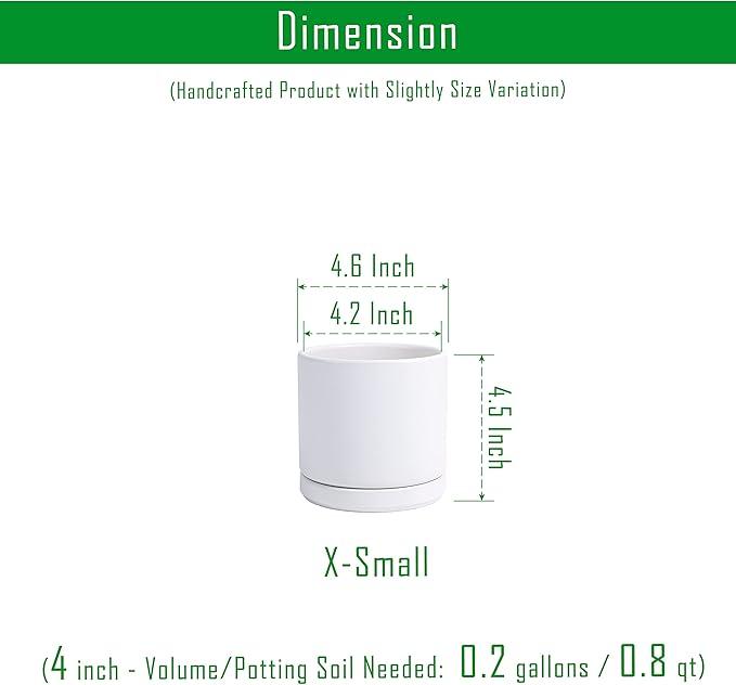 D'vine Dev Ceramic Planter Pot with Drainage Hole and Saucer, Indoor Cylinder Round Flower Pot, 4.6 Inch, White, 94-O-B-1