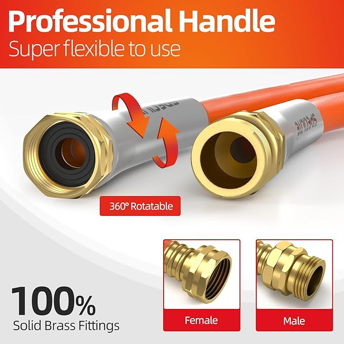 Garden Hose 50 ft x 5/8 in Heavy Duty, Flexible and Lightweight Water Hose, Burst 600 psi, Kink-less Hybrid Rubber Hose for Backyard, 3/4'' Brass Fittings