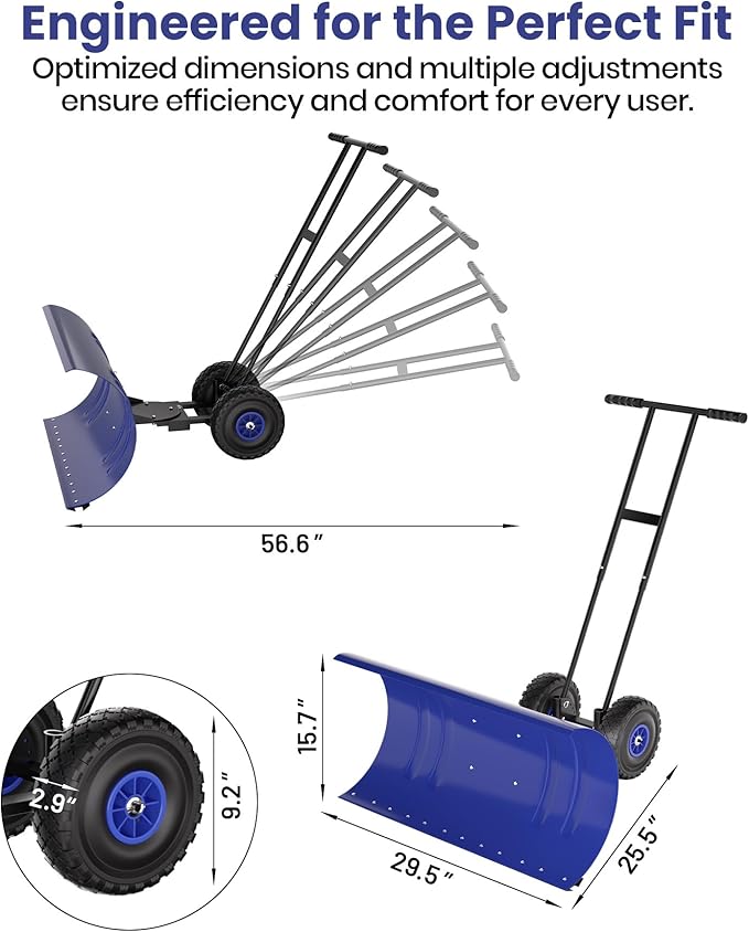 29" Snow Pusher Shovel with Wheels, Adjustable Ergonomic T-Handle Snow Plow for Driveway, Heavy Duty Wheeled Rolling Shovels for Driveway and Sidewalks with Angeled Blade