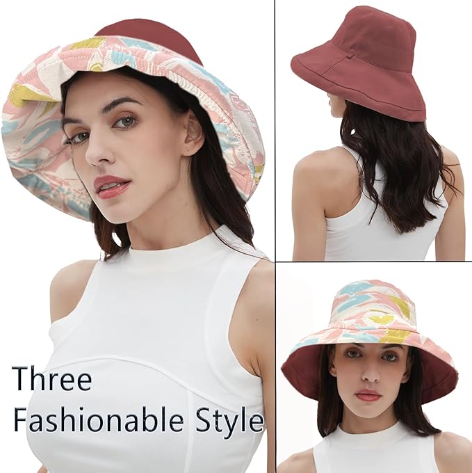 vidsel Womens Sun Hats Wide Brim Reversible Bucket Cotton Hat Packable Summer Travel Cap with Hat Clip,UV Protection
