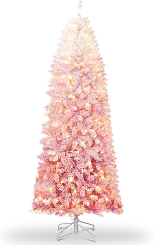 GarveeHome 6ft Prelit Artificial Christmas Tree with RGB & Warm White Lights, Pre-Lit Snow Flocked Pencil Christmas Tree, Foldable Base,Holiday Decoration for Home, Office, Party,Pink Gradient