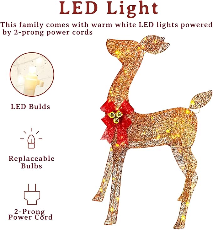 Light Up Christmas Reindeer Outdoor Decor, 240 LED 3-Piece Lighted Family Deer Set. Weatherproof Christmas Yard Reindeer Decoration with Stakes for Outside, Lawn, Garden, Patio, Indoor