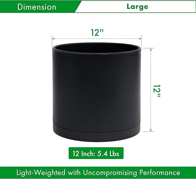 D'vine Dev 12 Inch Plastic Planter Pots for Plant Pot with Drainage Hole and Seamless Saucers, Black Color, 74-X-B-3