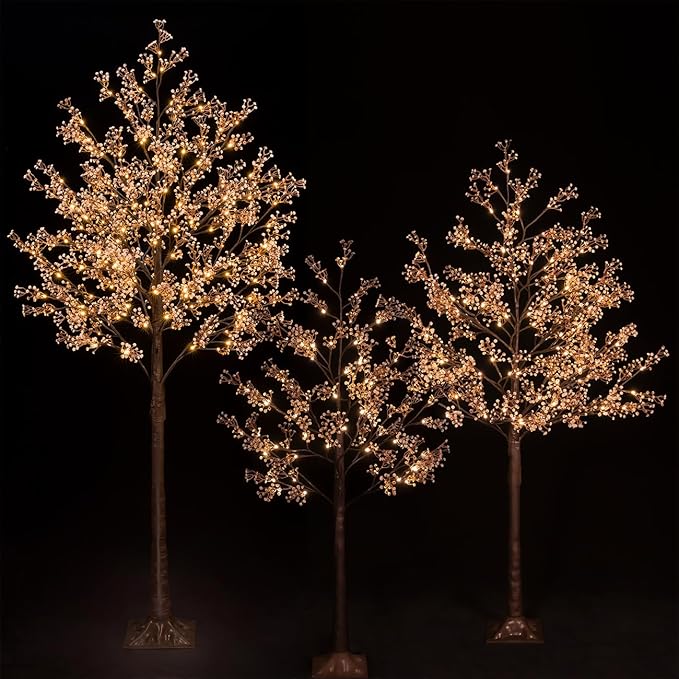 Lighted Baby's Breath Tree Set 4ft, 5ft and 6ft with 144/184/240 Warm White LED Lights for Holiday Decor - Dimmable, UL Certified, Waterproof - Ideal for Indoor and Outdoor Decoration