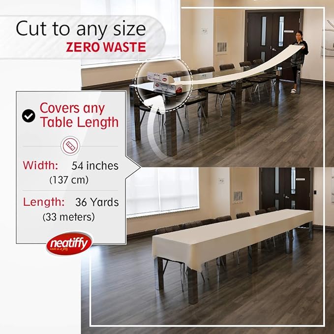 Neatiffy Disposable Plastic Table Cloth Roll | 54 in x 108 Ft Waterproof Tablecloth | Table Cover for Rectangle, Square, Round Oval Tables | Picnic, Party, Banquet, Birthdays, Weddings - Ivory