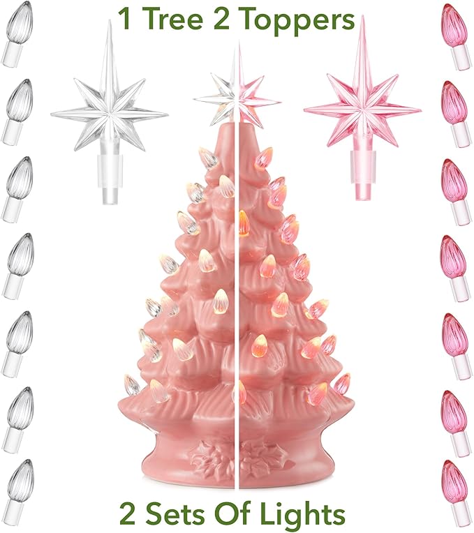 Casafield Hand Painted Ceramic Christmas Tree, Pink 12-Inch Pre-Lit Tree with 100 Multi Color Lights and 2 Star Toppers