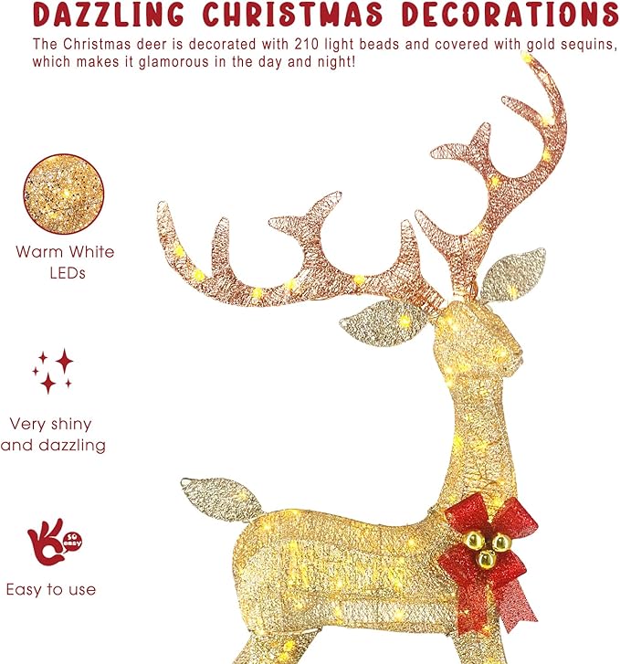 4ft Outdoor Christmas Reindeer Decor Set of 3 with 240 Warm White LEDs, Durable Metal Frame, Weatherproof Plush Fabric for Christmas Home Yard Garden Lawn Decorations, Easy Assembly, Gold