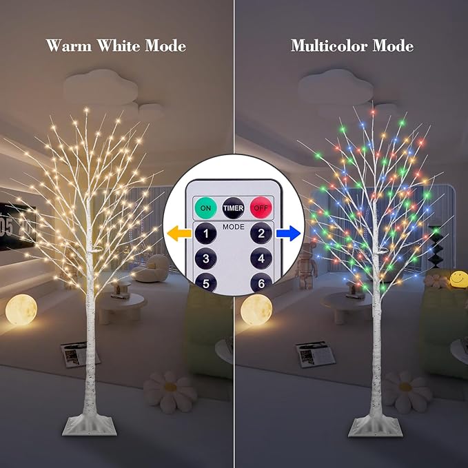 6FT Lighted Birch Tree with 130 LED Warm White and Multicolor Lights, 8 Modes, Timer Remote Faux Light Up Twig Christmas Tree for Indoor Outdoor Xmas Holiday Party Garden Decoration (2 Pack)