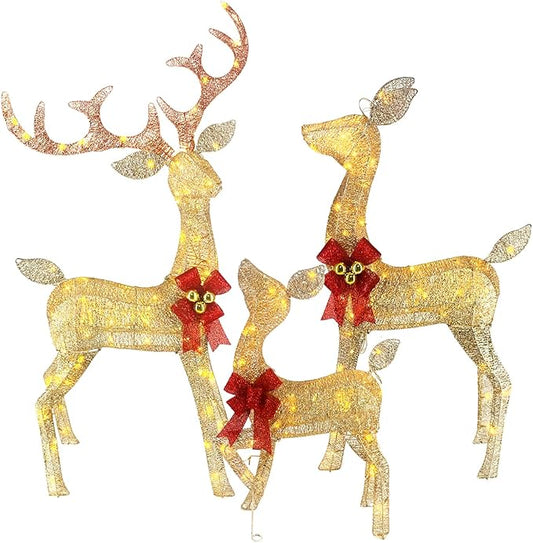 Outdoor Christmas Reindeer with Lights, 4ft Tall Set of 3 Deer with 240 LEDs, Ground Stakes, Perfect as Vintage Christmas Home Decor for Patio, Lawn, and Outdoor Party Decorations, Gold
