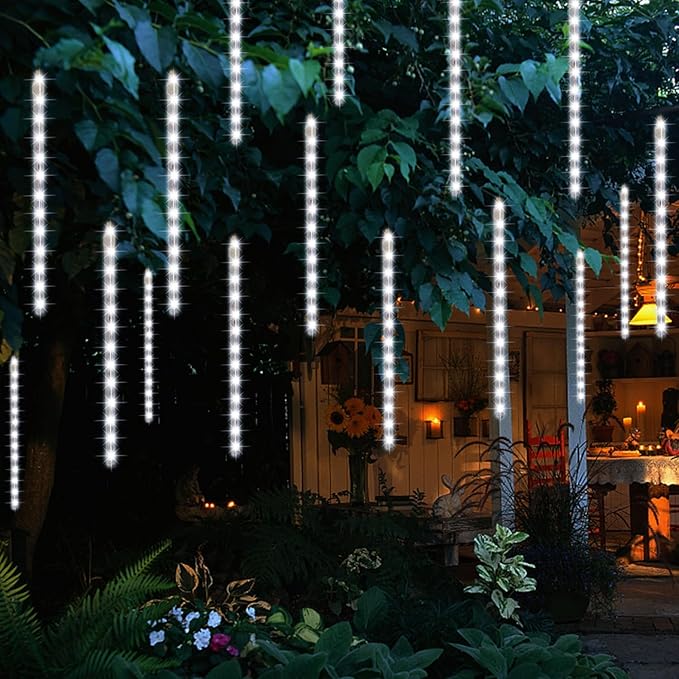 24 Tubes Meteor Shower Lights, Outdoor Icicles Christmas Decor, 12 Inch 864 LED Snow Falling Connectable Raindrop Lights, Xmas Wedding Party Tree Holiday Decoration, White